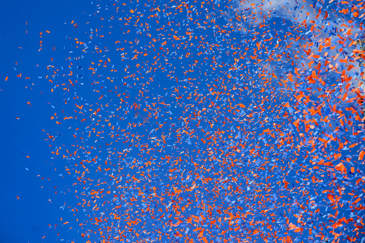Confetti flies into the air 