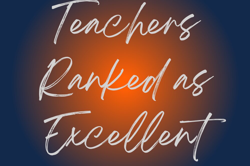 Text: Teachers Ranked as Excellent, grey lettering. Background blue with orange ombre circle in center