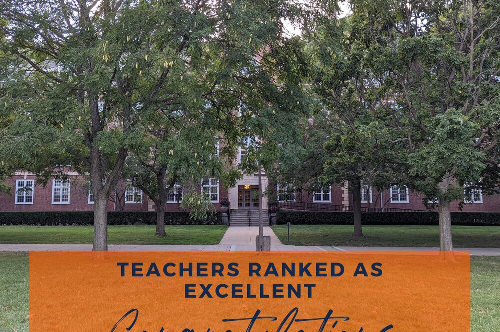 Teachers Ranked as Excellent. Congratulations. Spring 2023. Image: David Kinley Hall