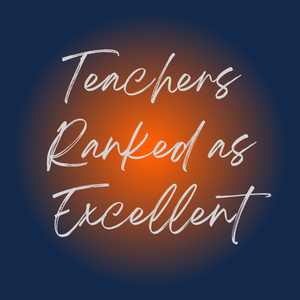 Text: Teachers Ranked as Excellent, grey lettering. Background blue with orange ombre circle in center